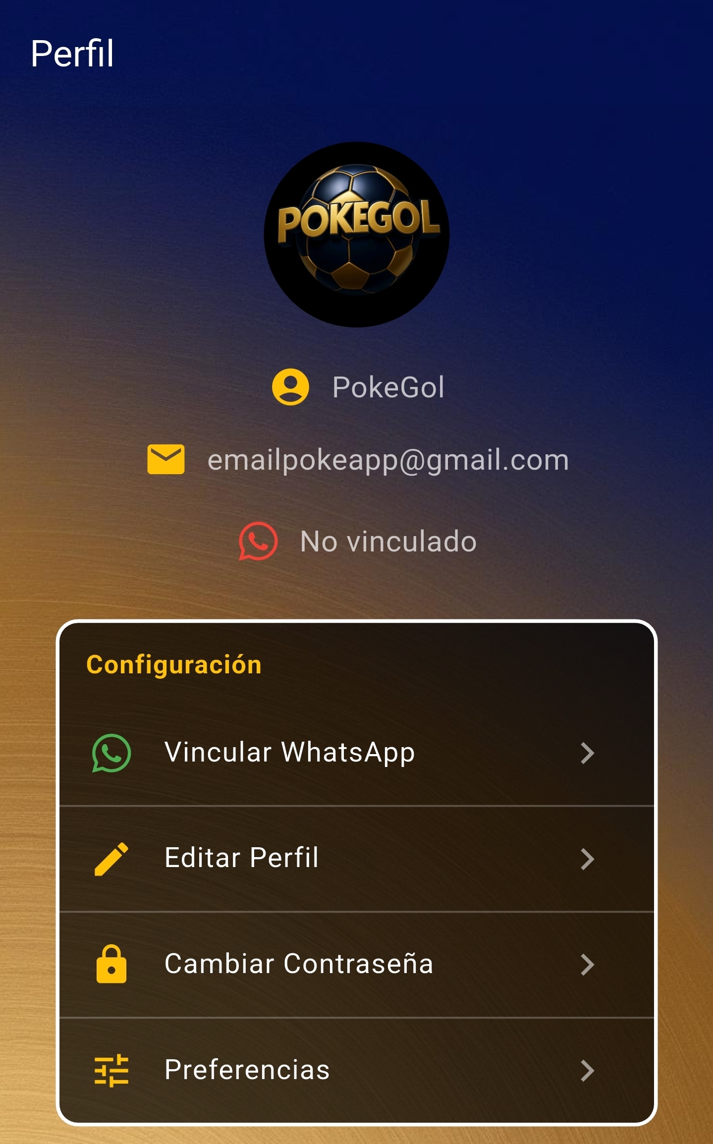 Pantalla de vinculación de WhatsApp en PokeGol