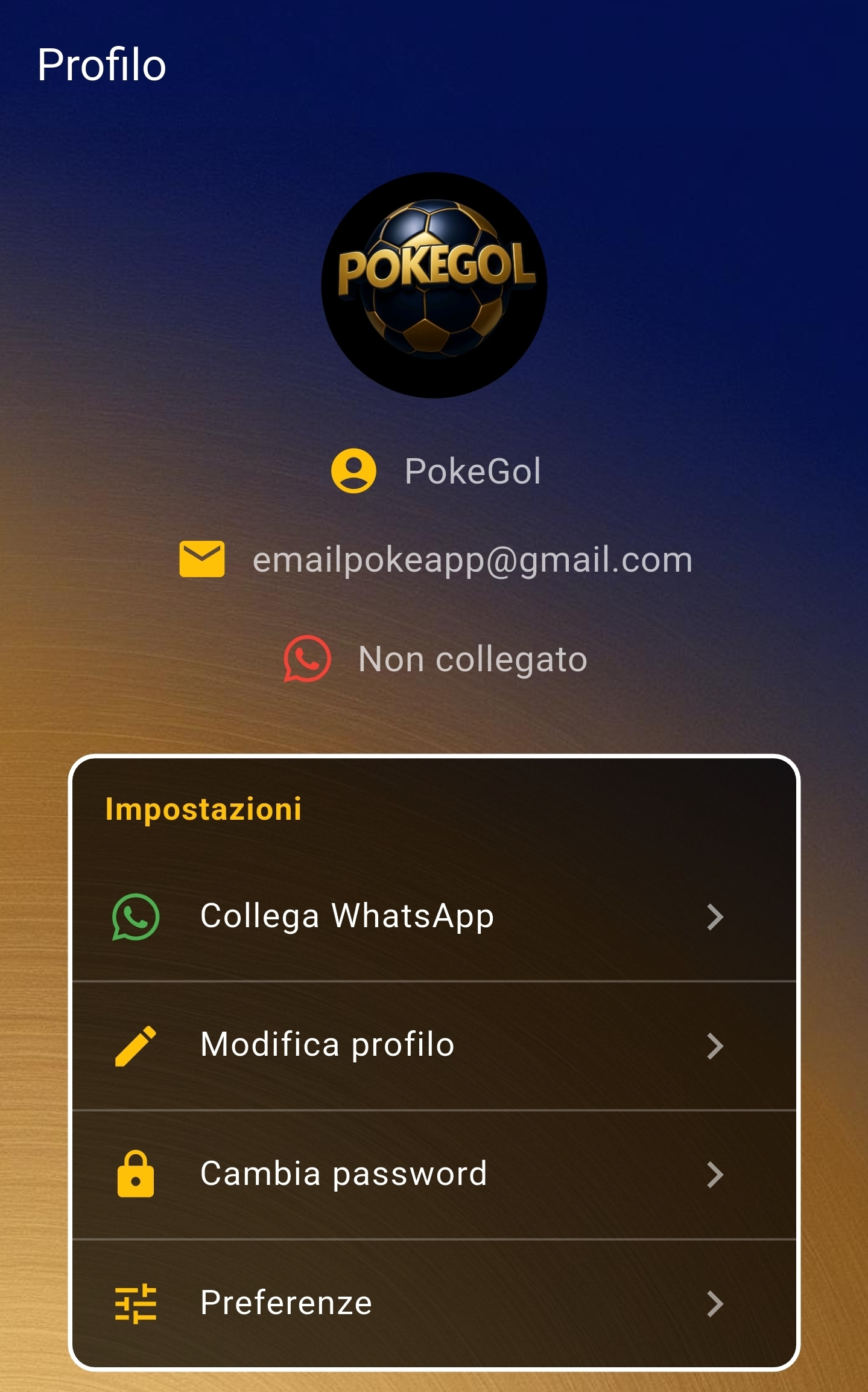 Schermata di collegamento WhatsApp in PokeGol
