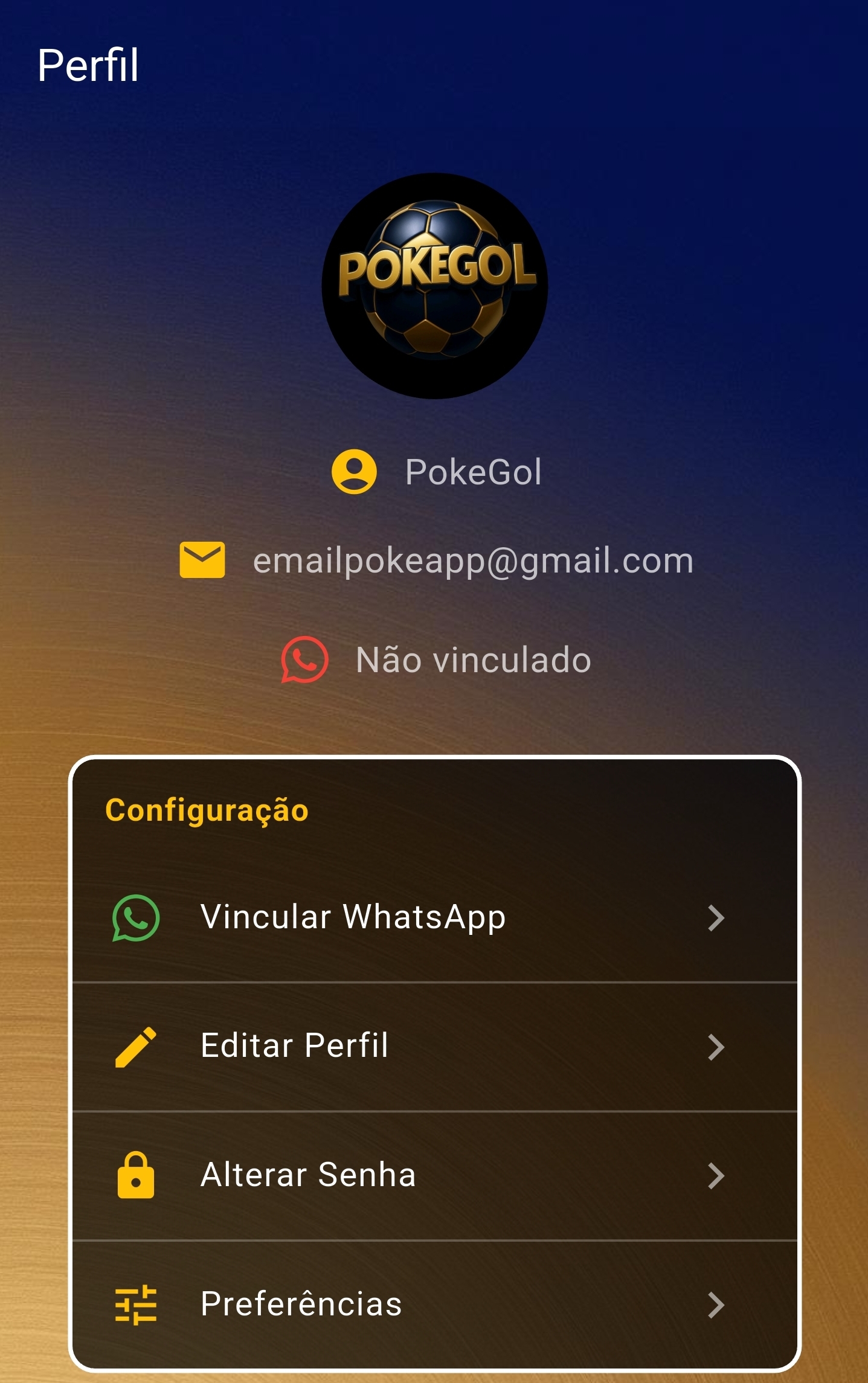 Tela de vinculação de WhatsApp no PokeGol