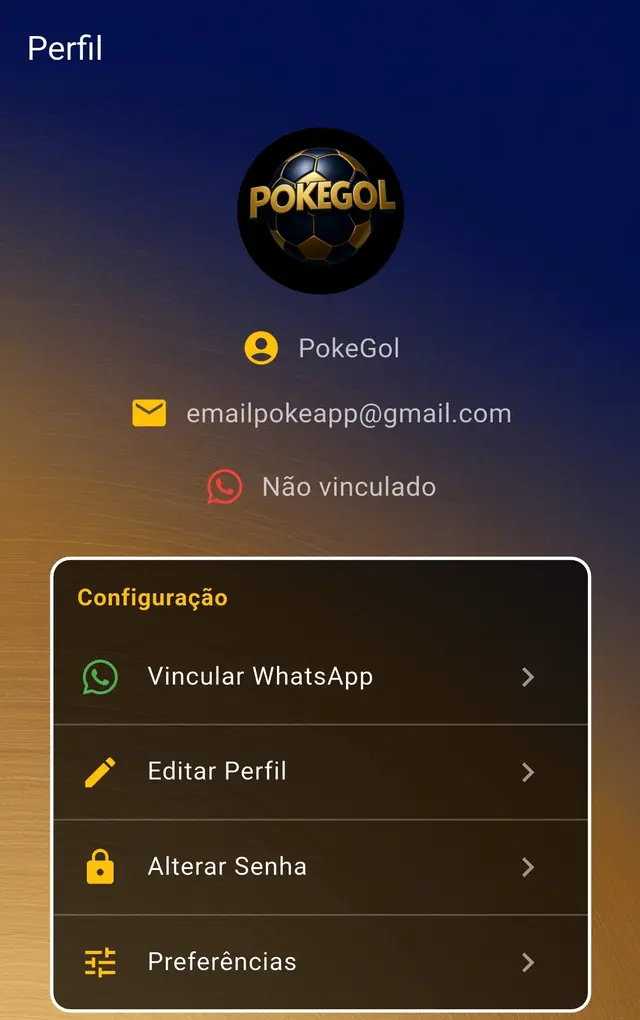 Tela de vinculação de WhatsApp no PokeGol