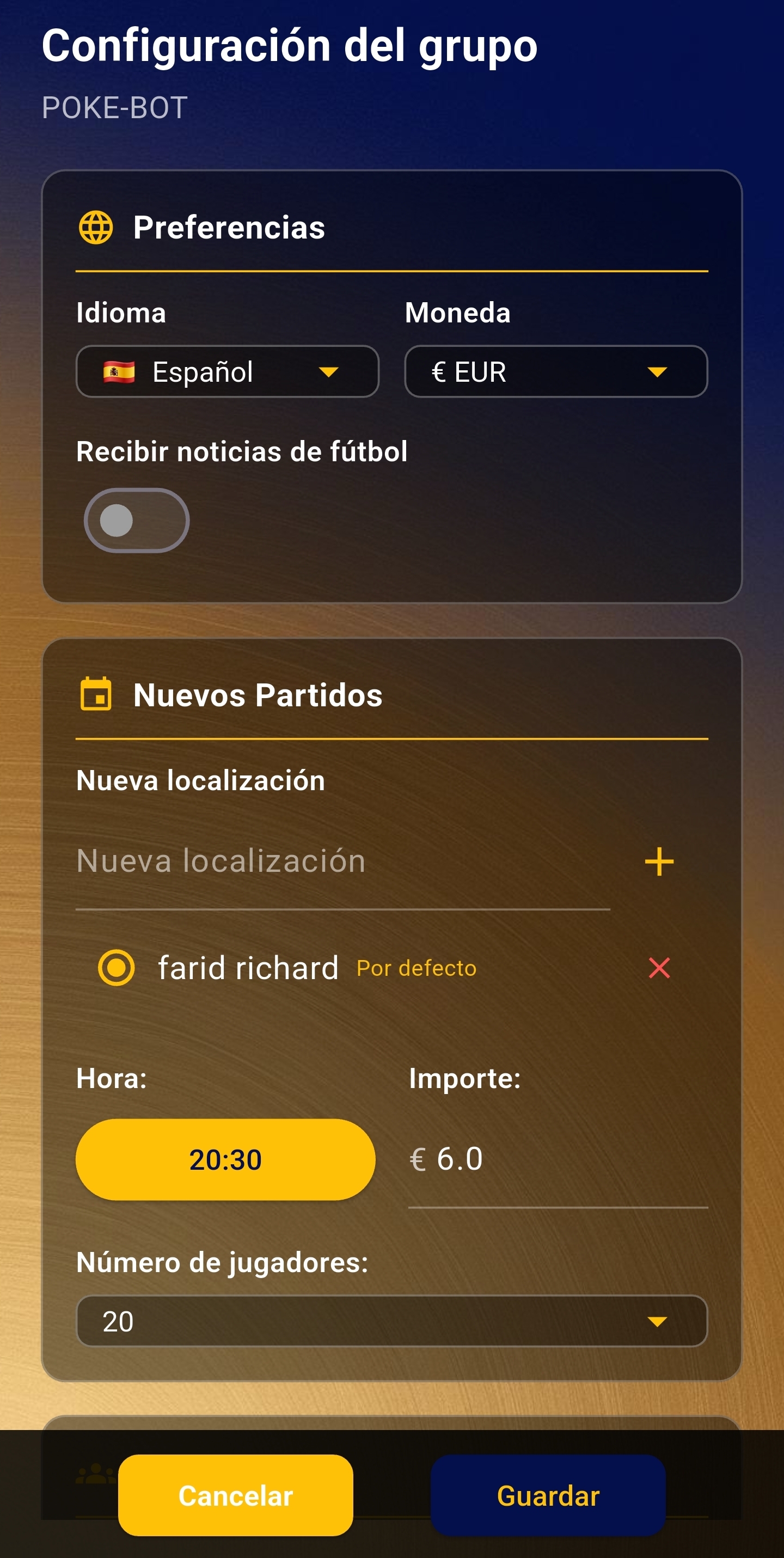 Pantalla de opciones de administración del grupo