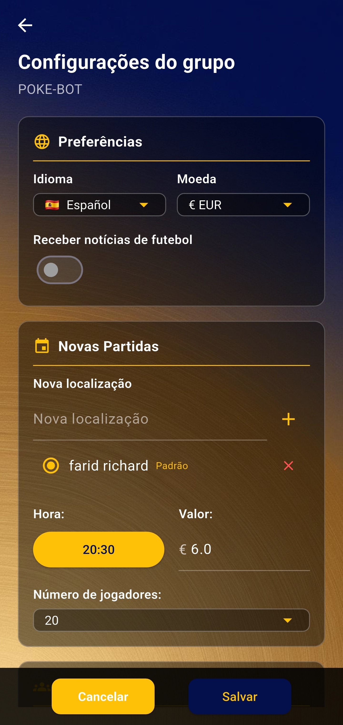 Tela de opções de administração do grupo