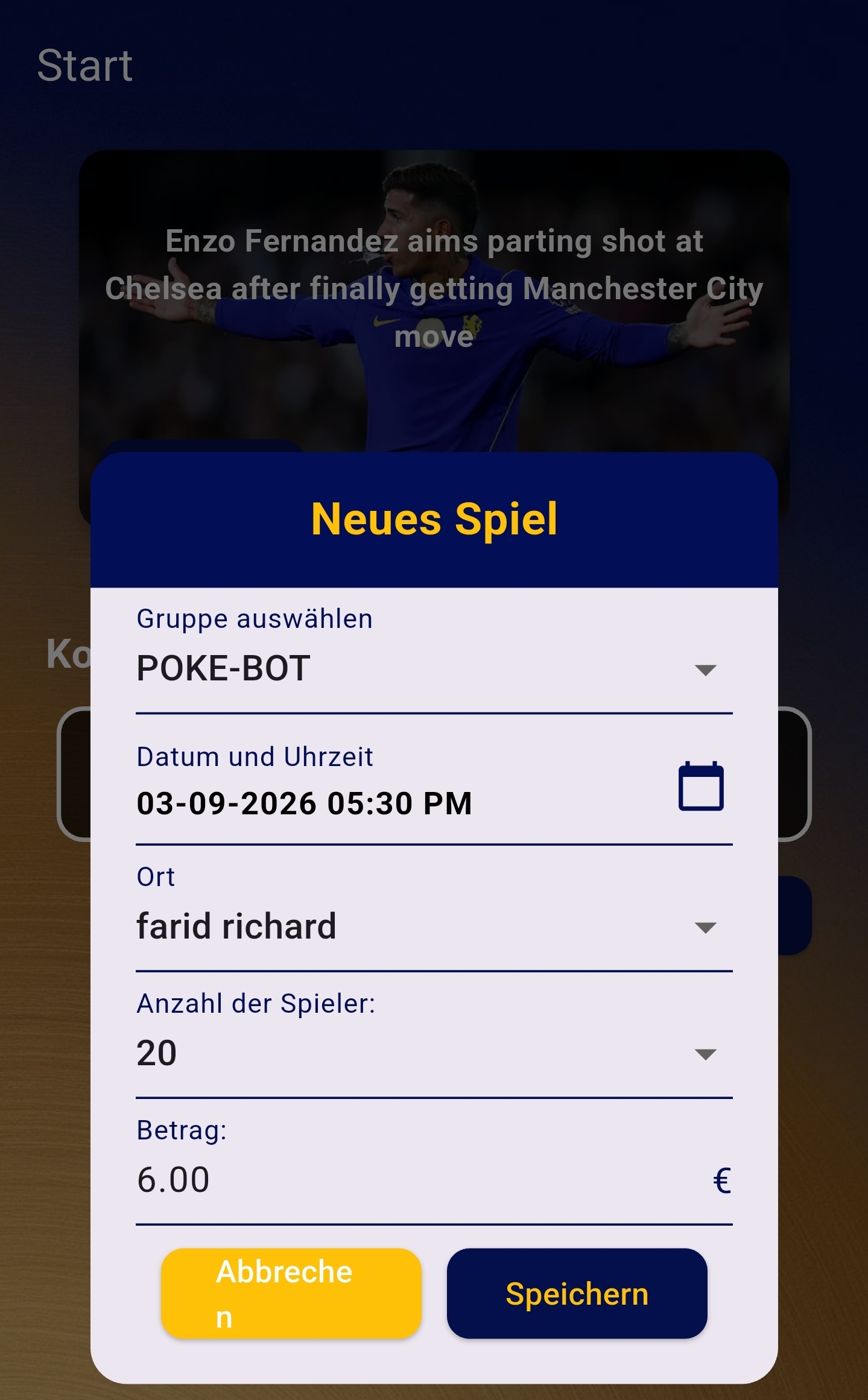Bildschirm zum Erstellen eines neuen Spiels in PokeGol