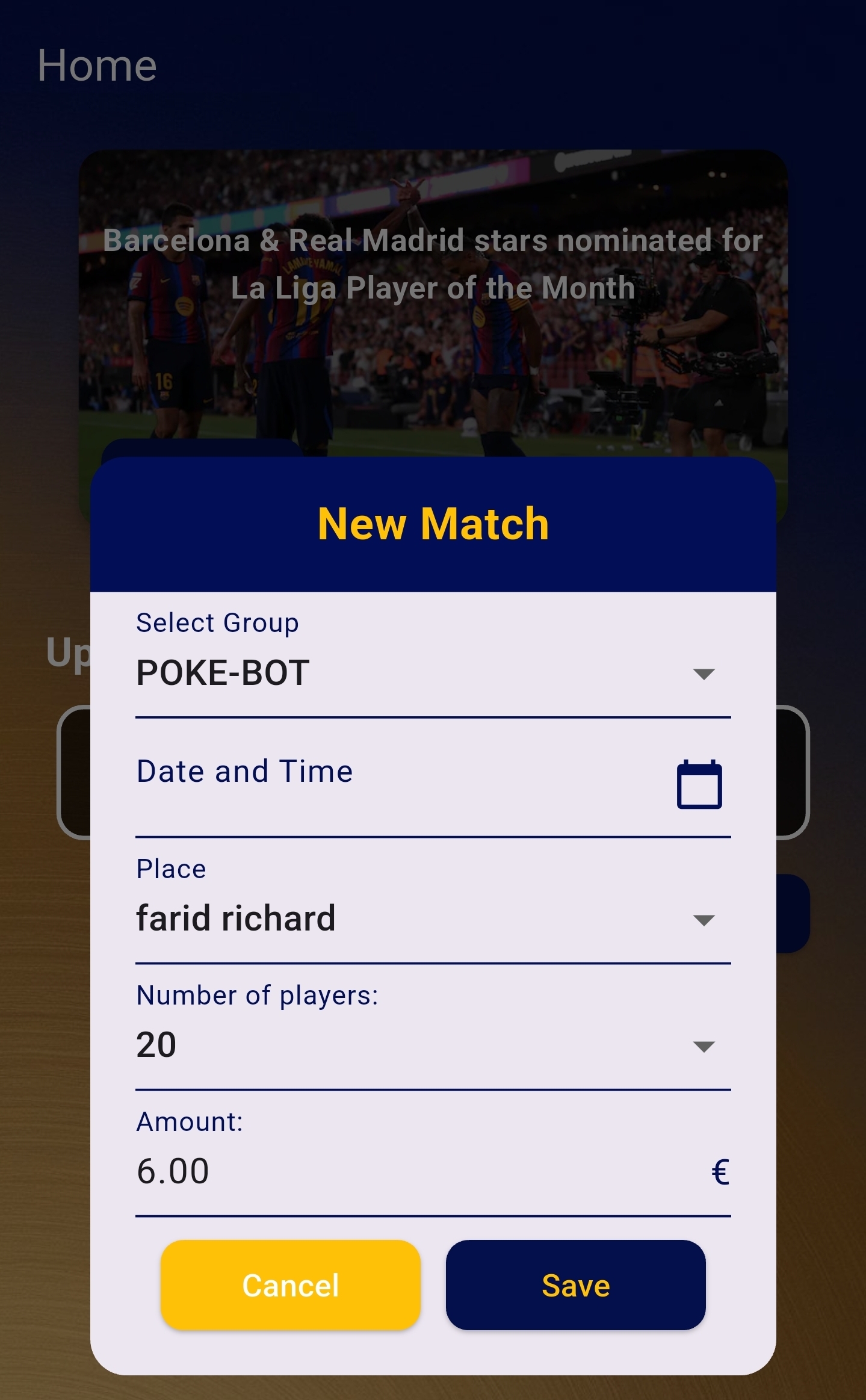 Screen to create a new game in PokeGol