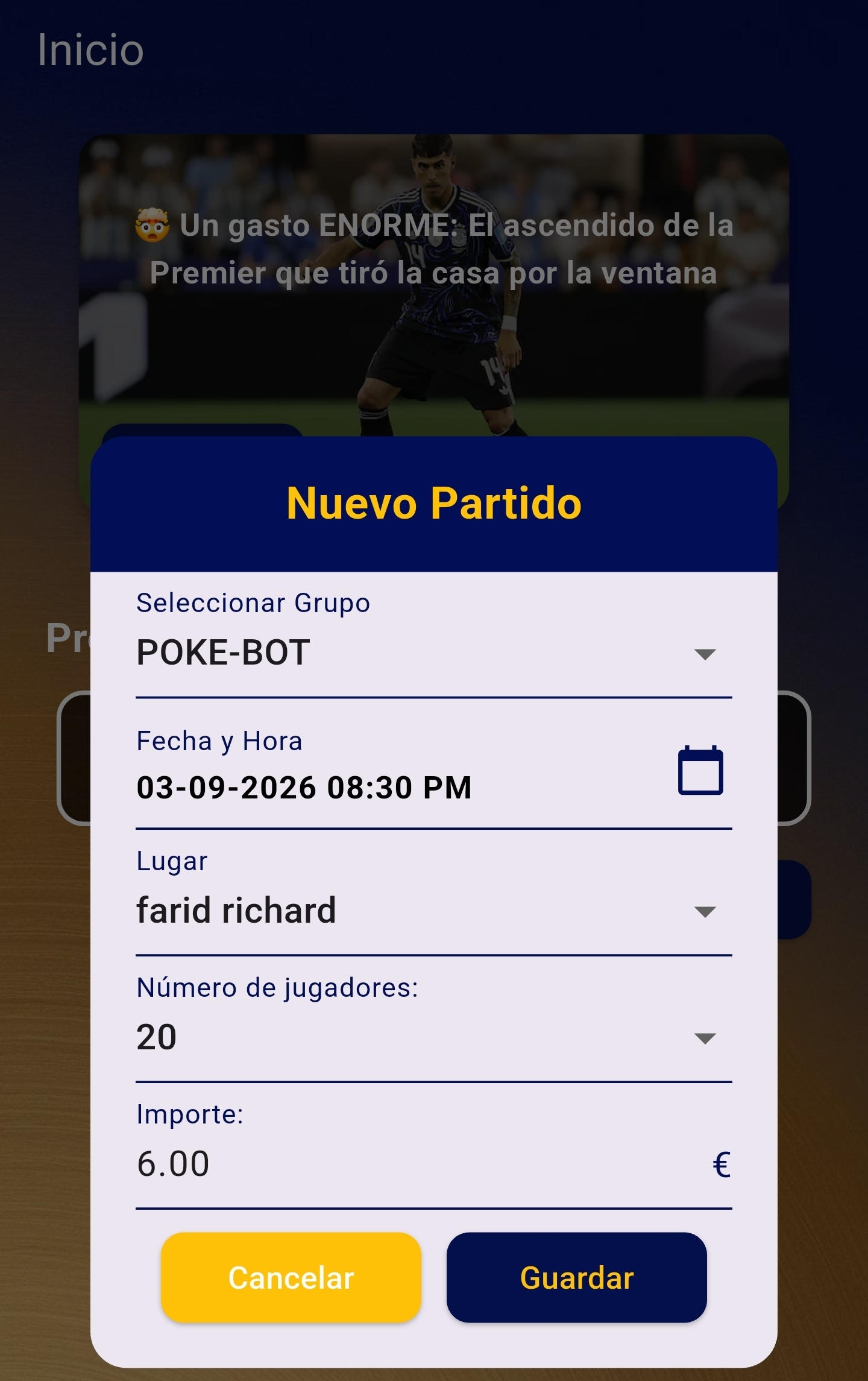 Pantalla para crear una nueva partida en PokeGol