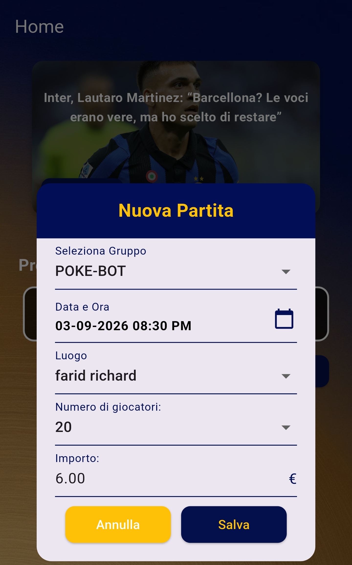 Schermata per creare una nuova partita in PokeGol
