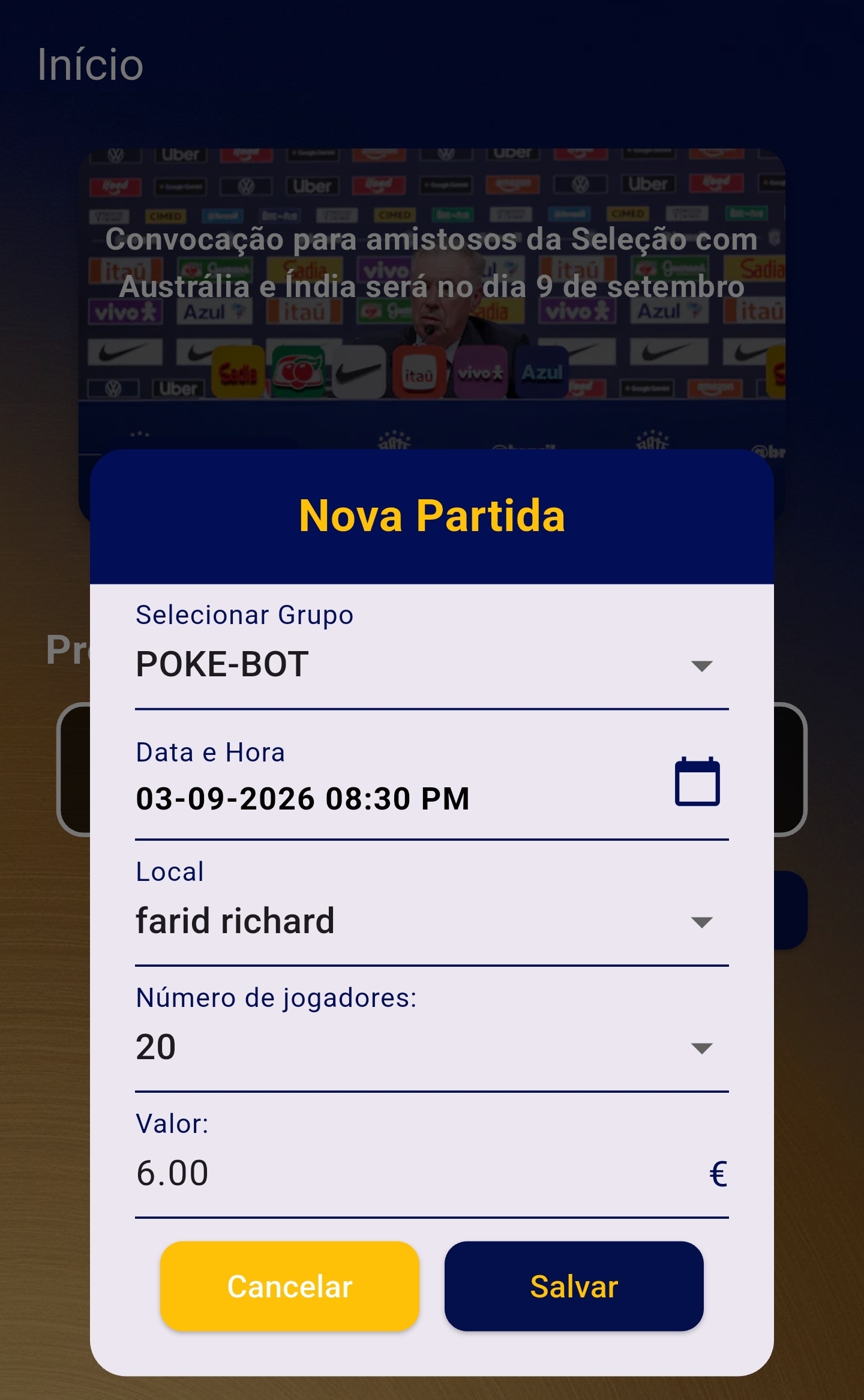 Tela para criar uma nova partida no PokeGol
