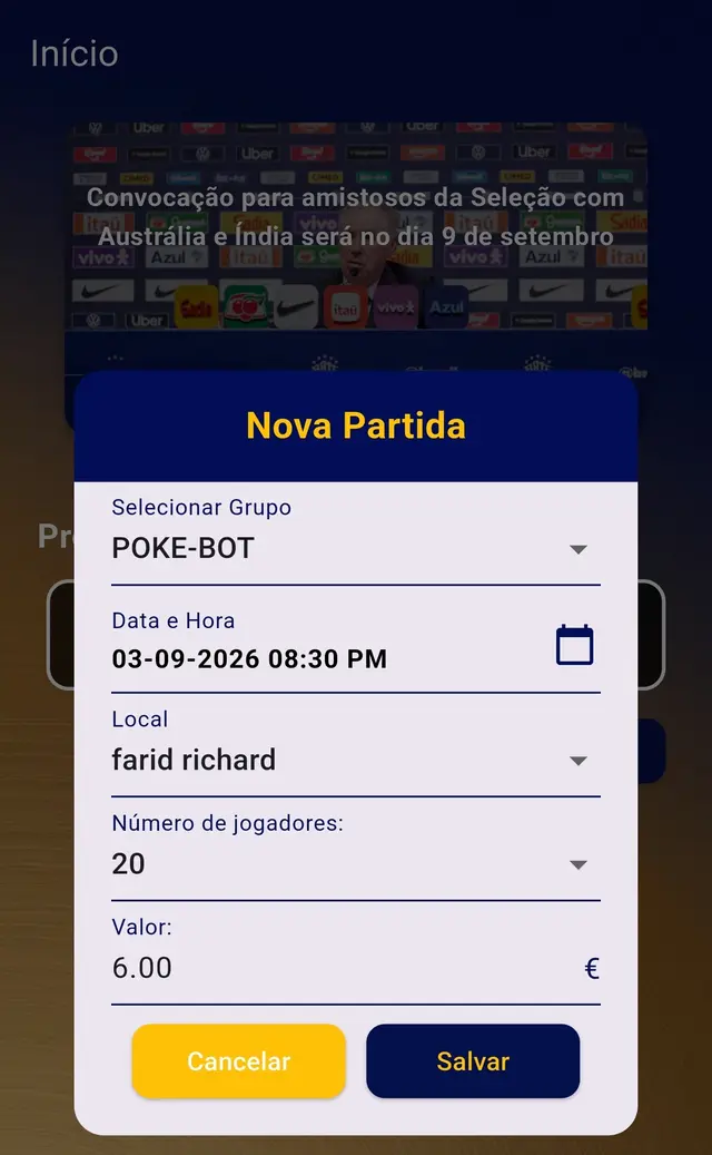 Tela para criar uma nova partida no PokeGol